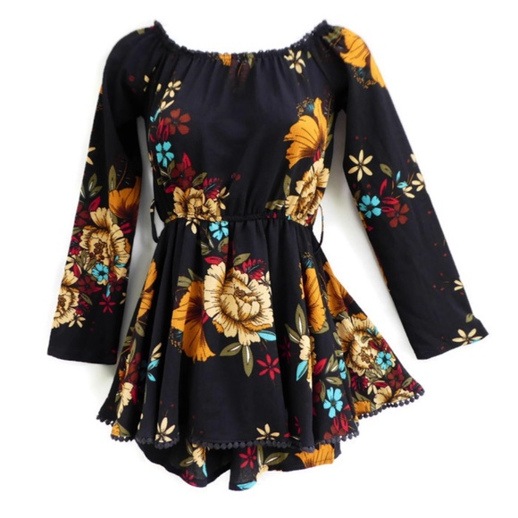 Yours Inspiration Pants - Yoins Romper Skort Floral Pom Poms Long Sleeve XXS